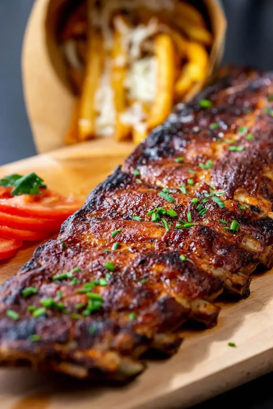 Grilled BBQ ribs with fries and sliced tomatoes