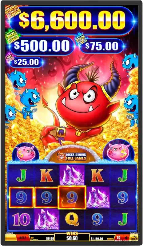 Animated devil character with gold coins background