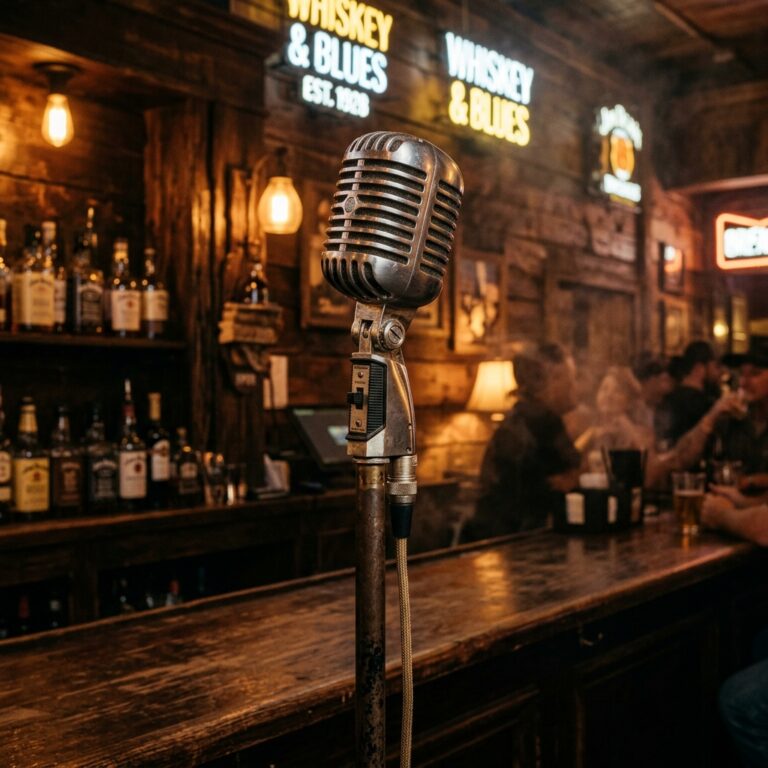 Vintage microphone on bar during karaoke night